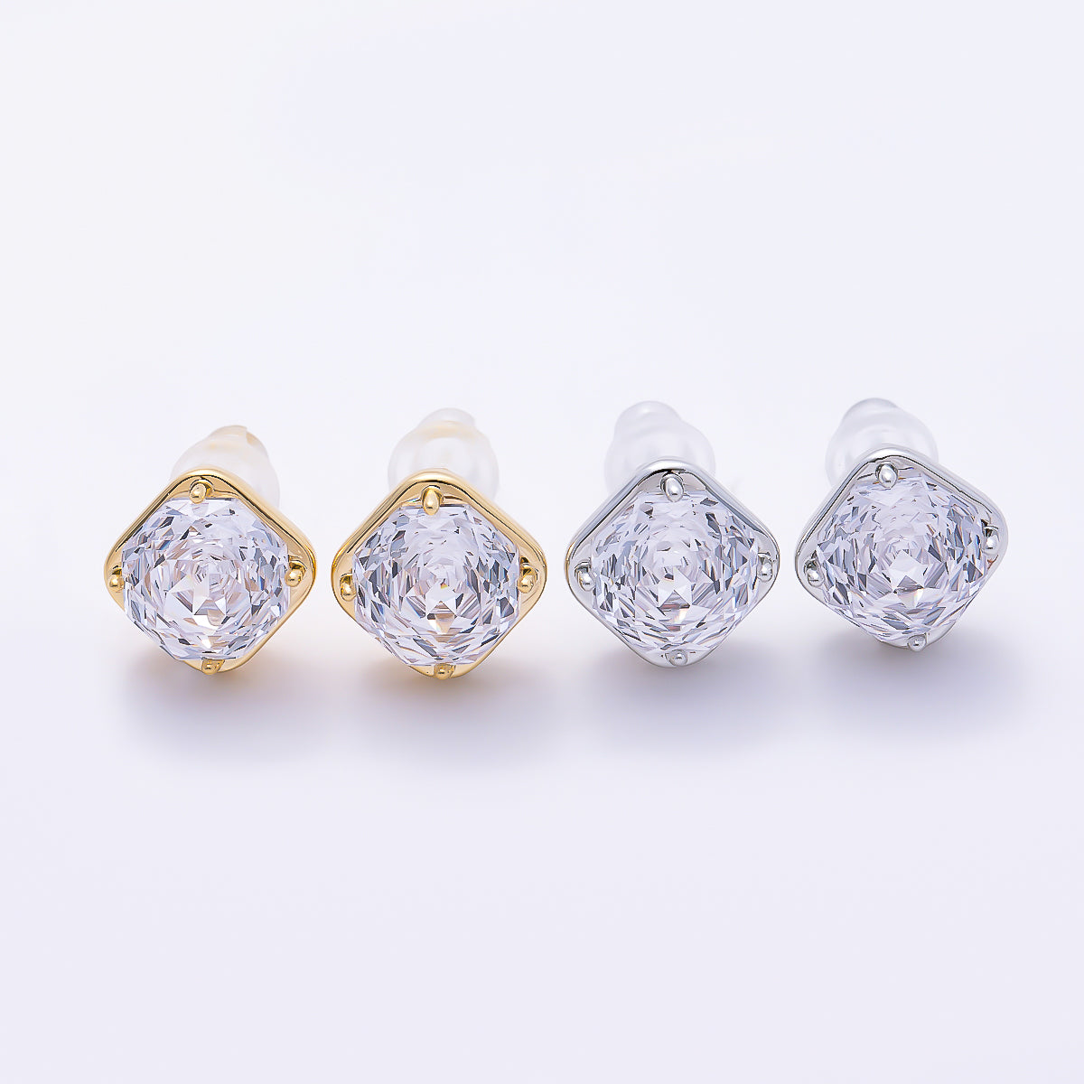 16K Gold Filled 10mm Clear CZ Rhombus Framed Radiant Solitaire Stud Earrings in Gold & Silver | Earrings-00765 - Earrings-00766