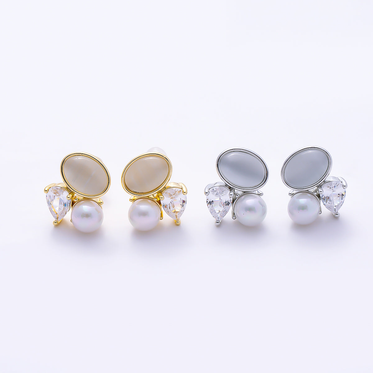16K Gold Filled 12mm Clear Teardrop CZ Pearl Gemstone Cluster Stud in Gold & Silver | Earrings-00763 Earrings-00764