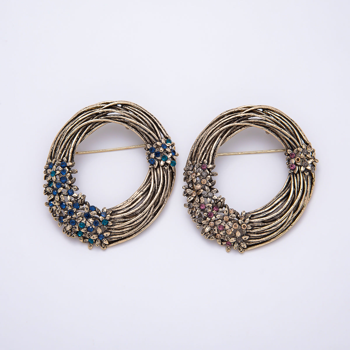 Vintage Gold 55mm Blue, Pink Rhinestone Cluster Linear Woven Wreath Flower Pin Brooch | BH-00187 BH-00188