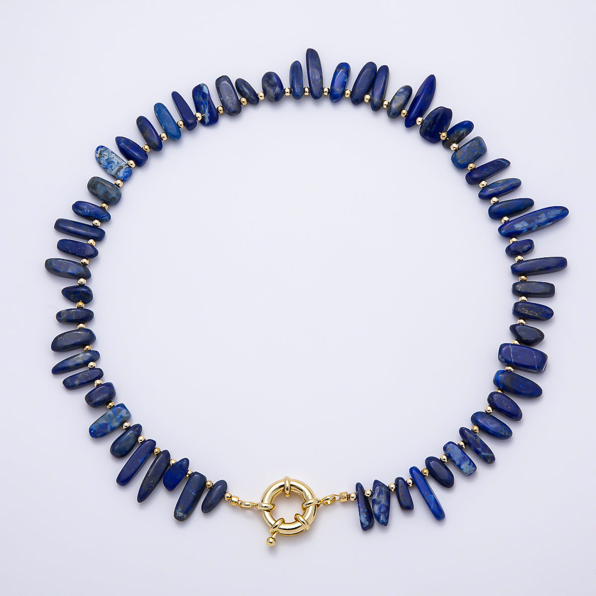 16K Gold Filled 3mm Blue Lapis Lazuli Stick Beaded Statement Gemstone 19 Inch Necklace | WA-00306