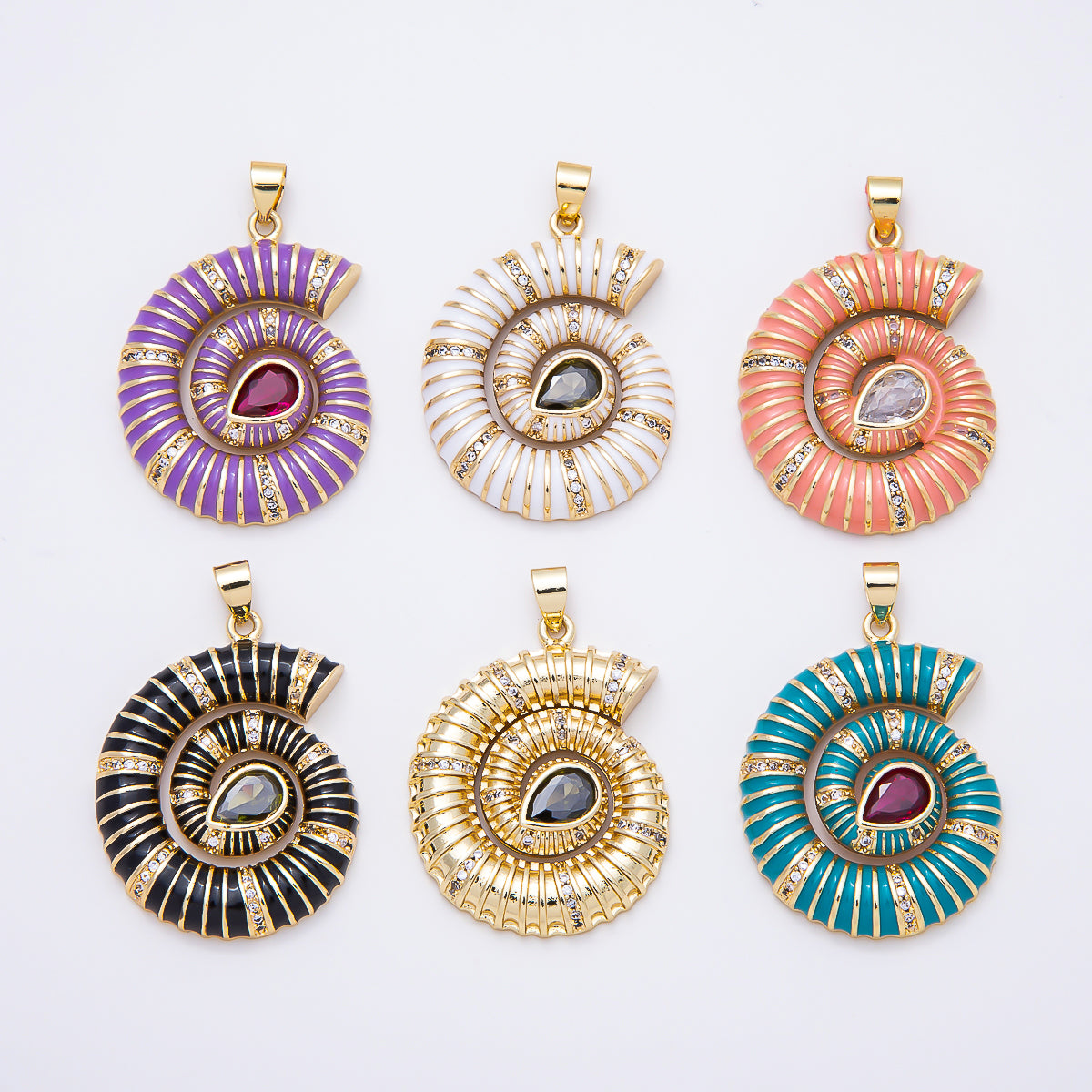 16K Gold Filled 31mm Colorful CZ Spiral Nautilus Shell Enamel Beach Pendant | Charms-01777 - Charms-01782