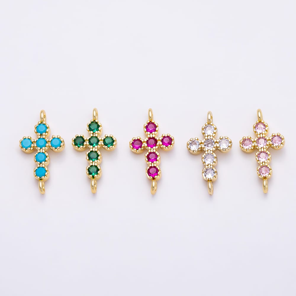 16K Gold Filled 20mm Colorful Beaded CZ Cross Religious Connector | Connectors-00043 ~ Connectors-00047