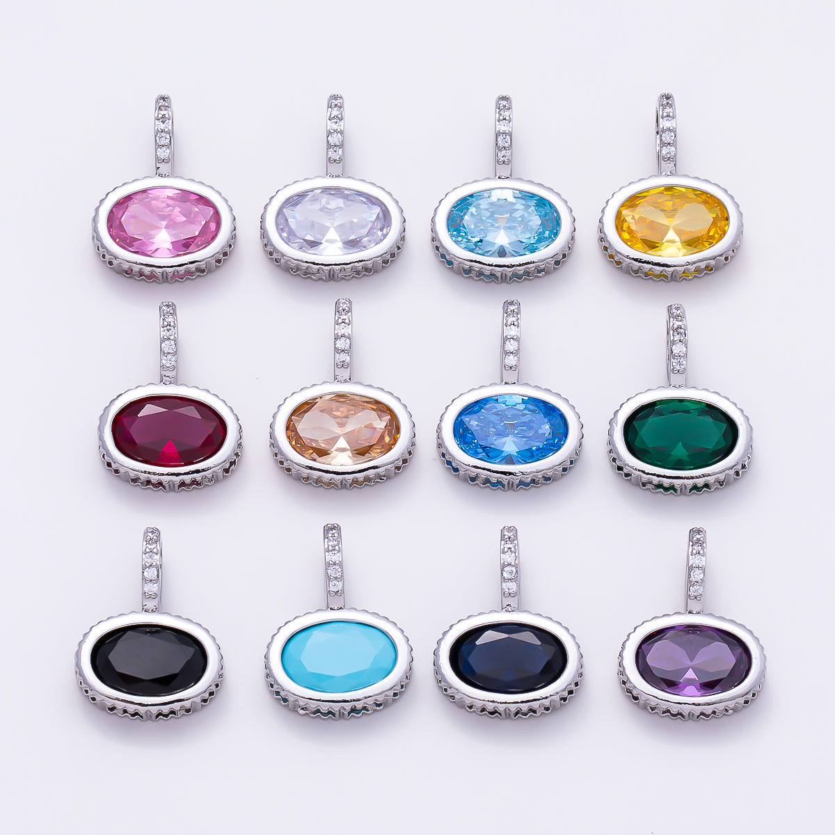 Silver 20mm Oval Birthstone CZ Micro Paved Bail Pendant | Charms-01724 - Charms-01735