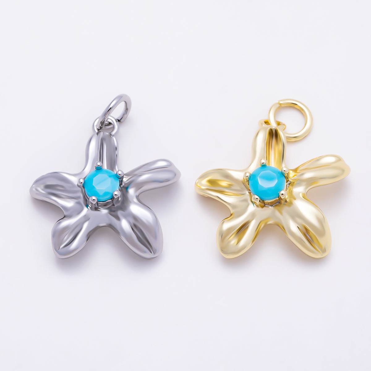 16K Gold Filled 17mm Turquoise CZ Organic Five Petals Flower Charm | Charms-01859 - Charms-01860