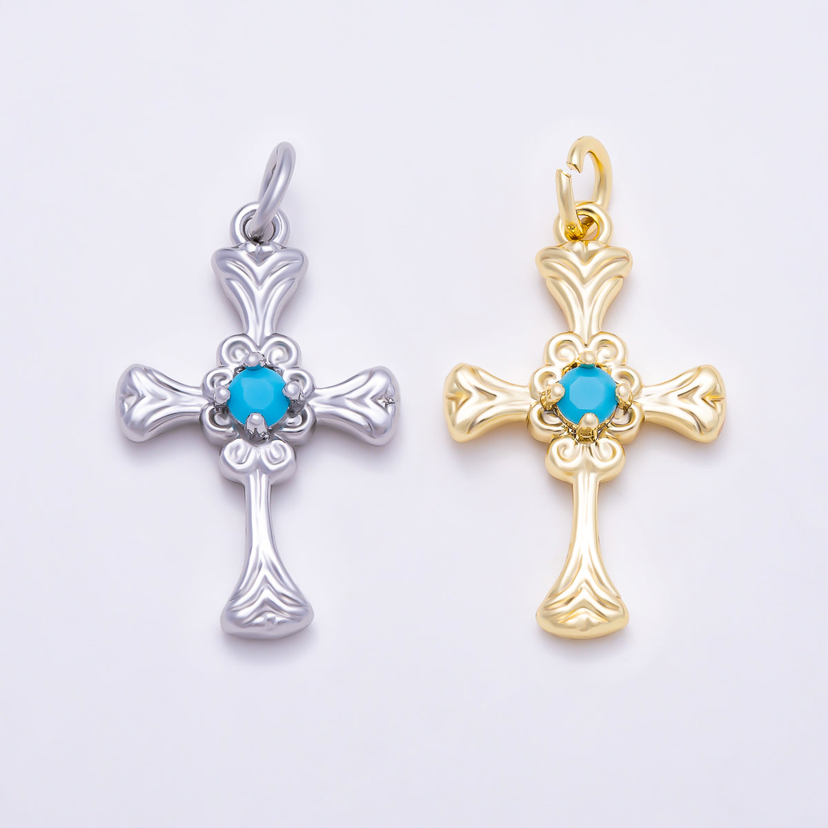 16K Gold Filled 22mm Turquoise CZ Vintage Filigree Cross Religious Charm in Gold & Silver | Charms-01865 - Charms-01866