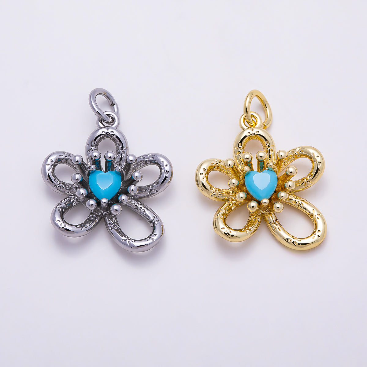 16K Gold Filled 17mm Turquoise Heart CZ Textured Openwork Flower Charm | Charms-01863 - Charms-01864