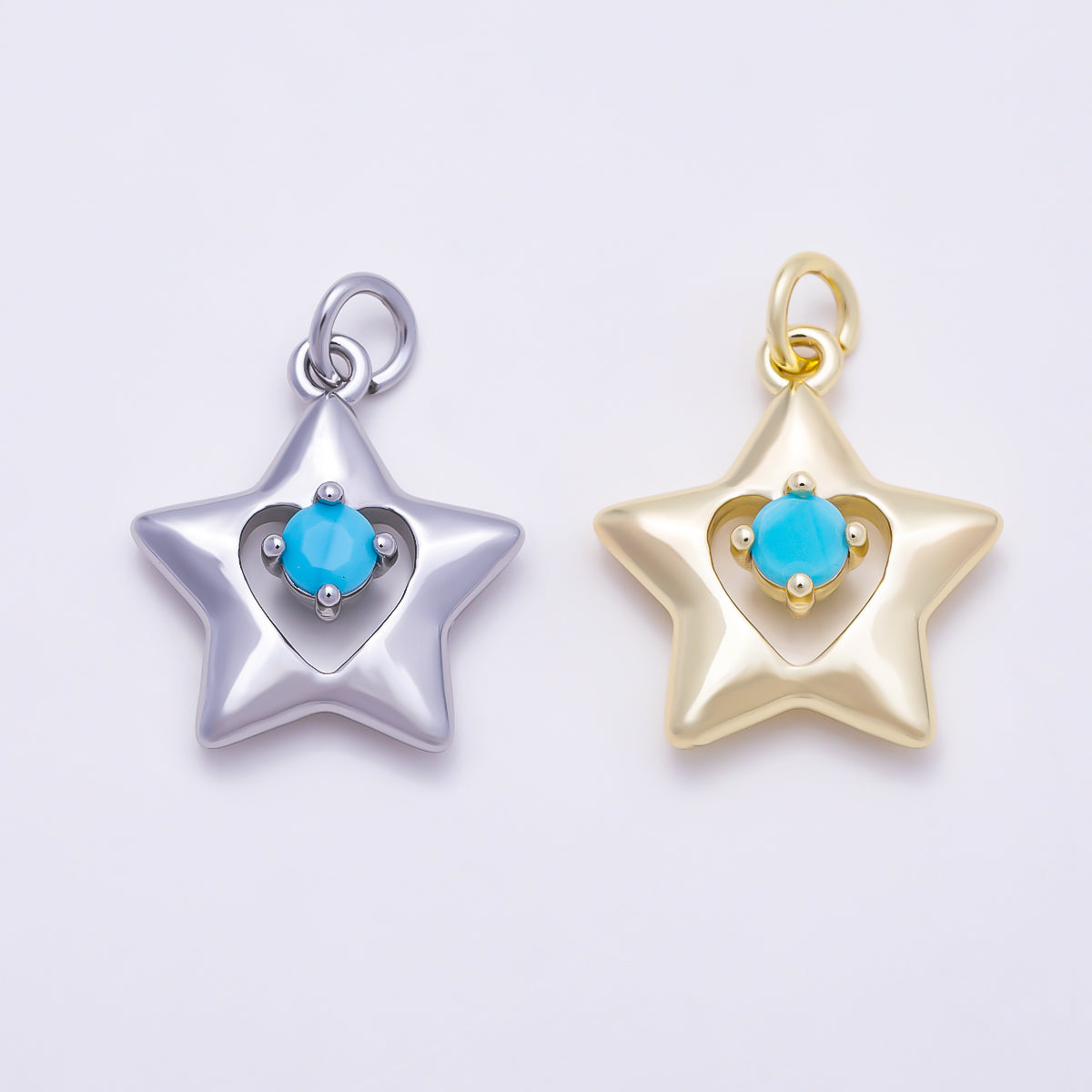 16K Gold Filled 18mm Turquoise CZ Puffy Star Heart Cutout Charm in Gold & Silver | Charms-01861 - Charms-01862