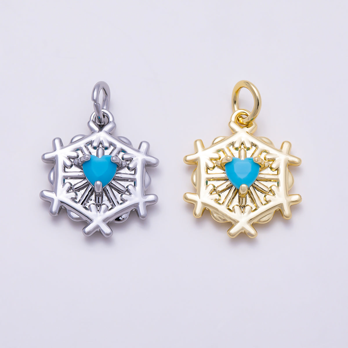 16K Gold Filled 16mm Turquoise Heart CZ Snowflake Charm in Gold & Silver | Charms-01855 - Charms-01856