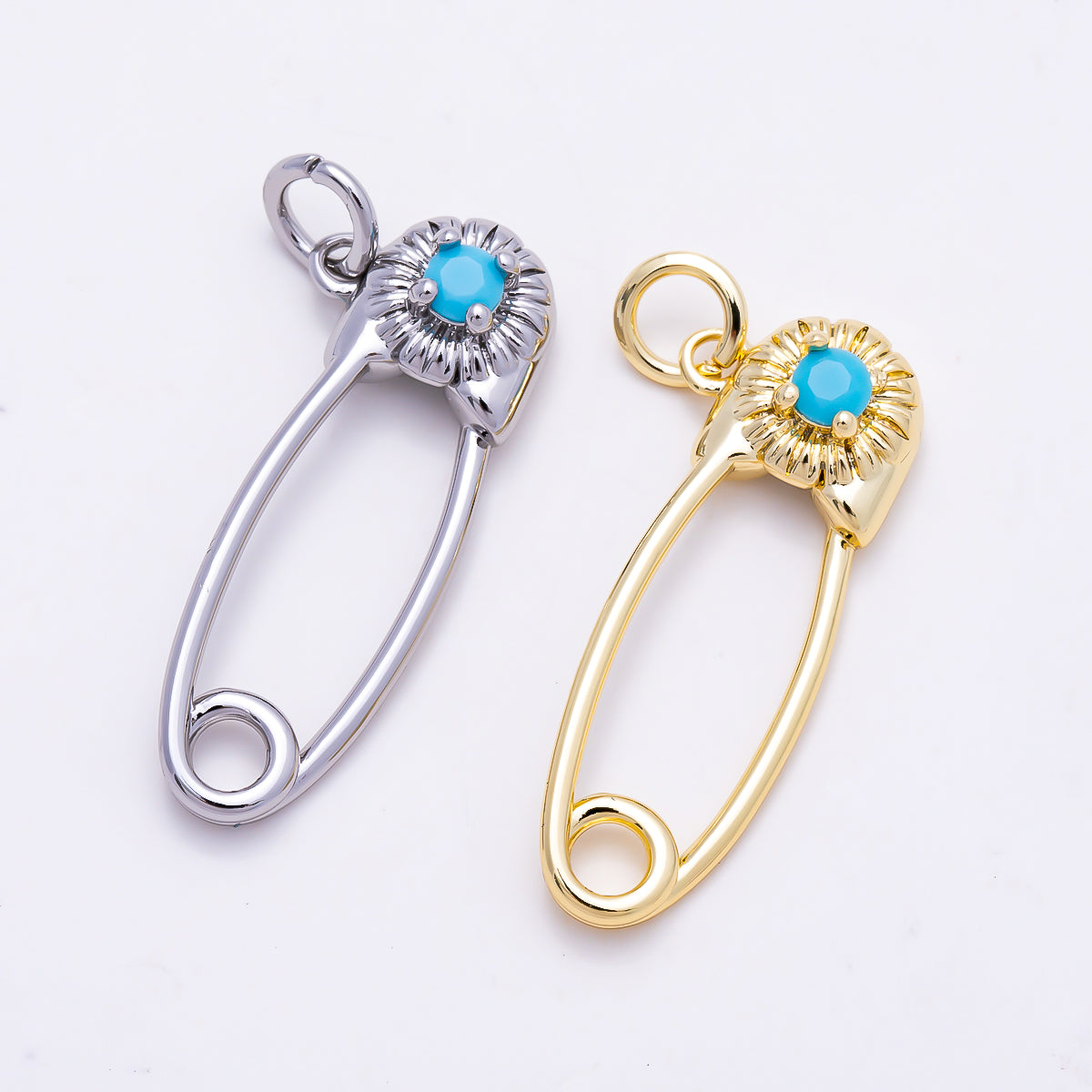 16K Gold Filled 25mm Turquoise CZ Flower Accent Safety Pin Charm | Charms-01853 - Charms-01854