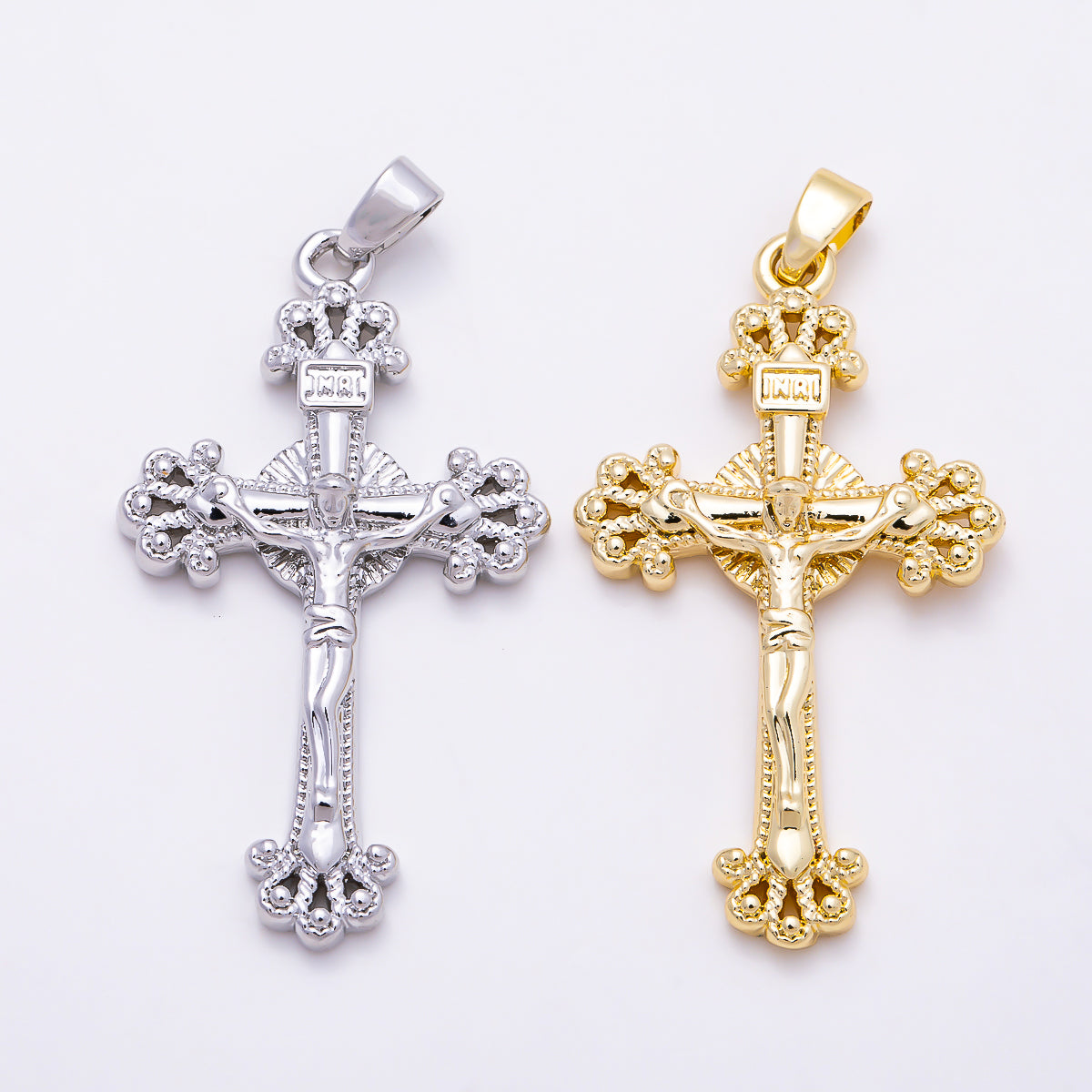 16K Gold Filled 36mm Traditional Crucifix Cross Religious Pendant in Gold & Silver | Charms-01843 - Charms-01844