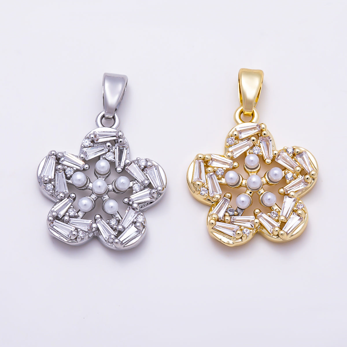 16K Gold Filled 18mm Baguette CZ & Shell Pearl Five Petal Flower Pendant | Charms-01847 - Charms-01848