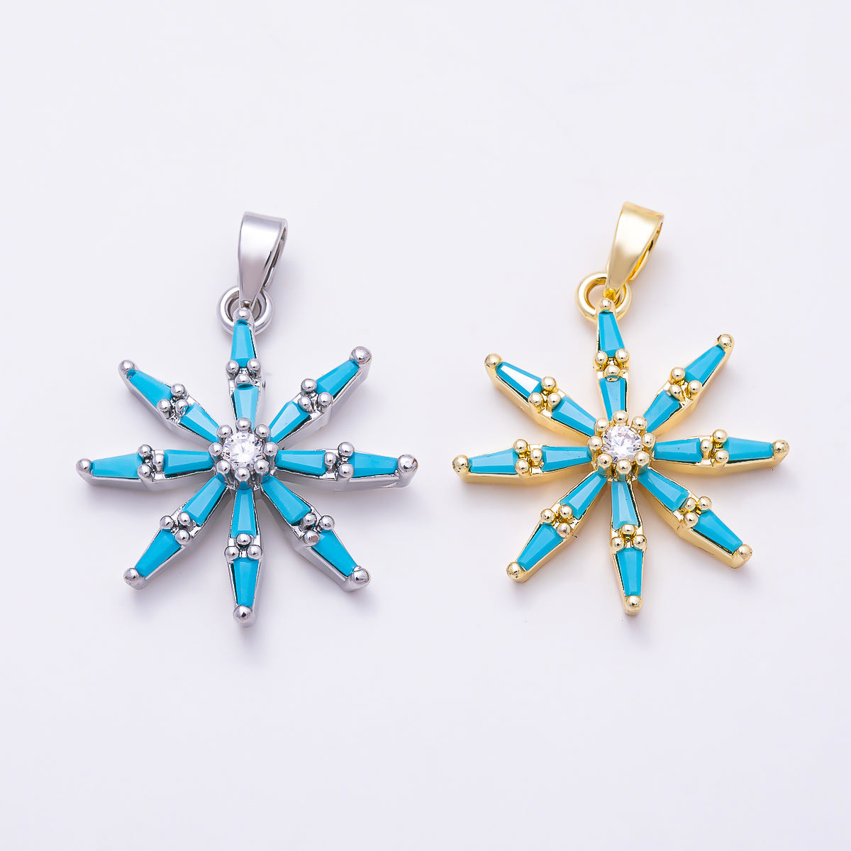 16K Gold Filled 22mm Turquoise Baguette CZ Snowflake Pendant in Gold & Silver | Charms-01896