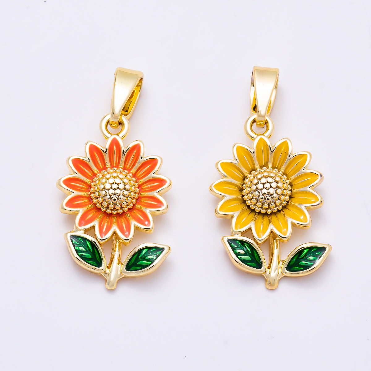 16K Gold Filled 17mm Blooming Sunflower Yellow Enamel Pendant | Charms-01889
