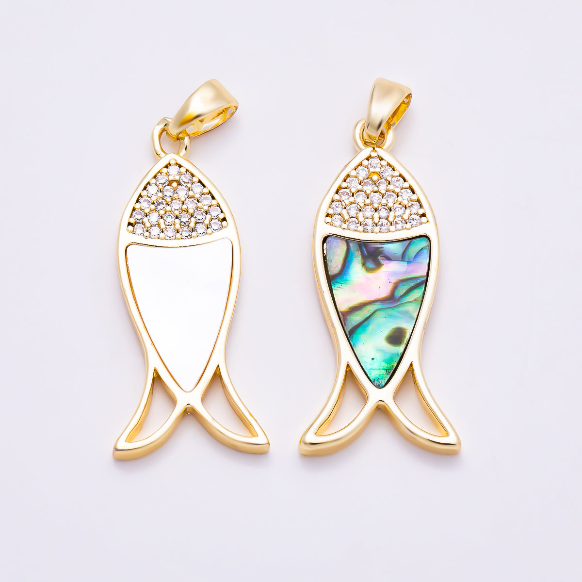 16K Gold Filled 28mm Shell Pearl, Abalone Micro Paved CZ Fish Pendant | Charms-02019 Charms-02020 