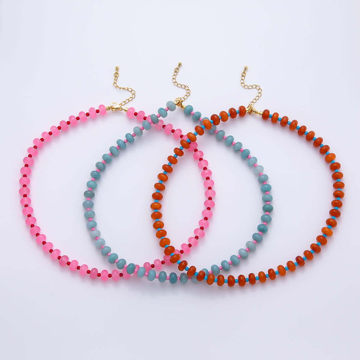 18K Gold Filled 8mm Multicolor Spacer Rondelle Gemstone 16.5 Inch Choker Necklace | WA-04634 ~ WA-04636