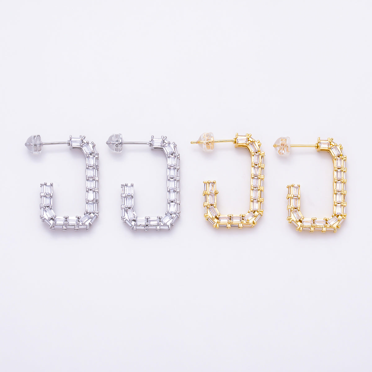16K Gold Filled 27mm Baguette CZ Rectangular Open Hoop Earrings | Earrings-00832 - Earrings-00833