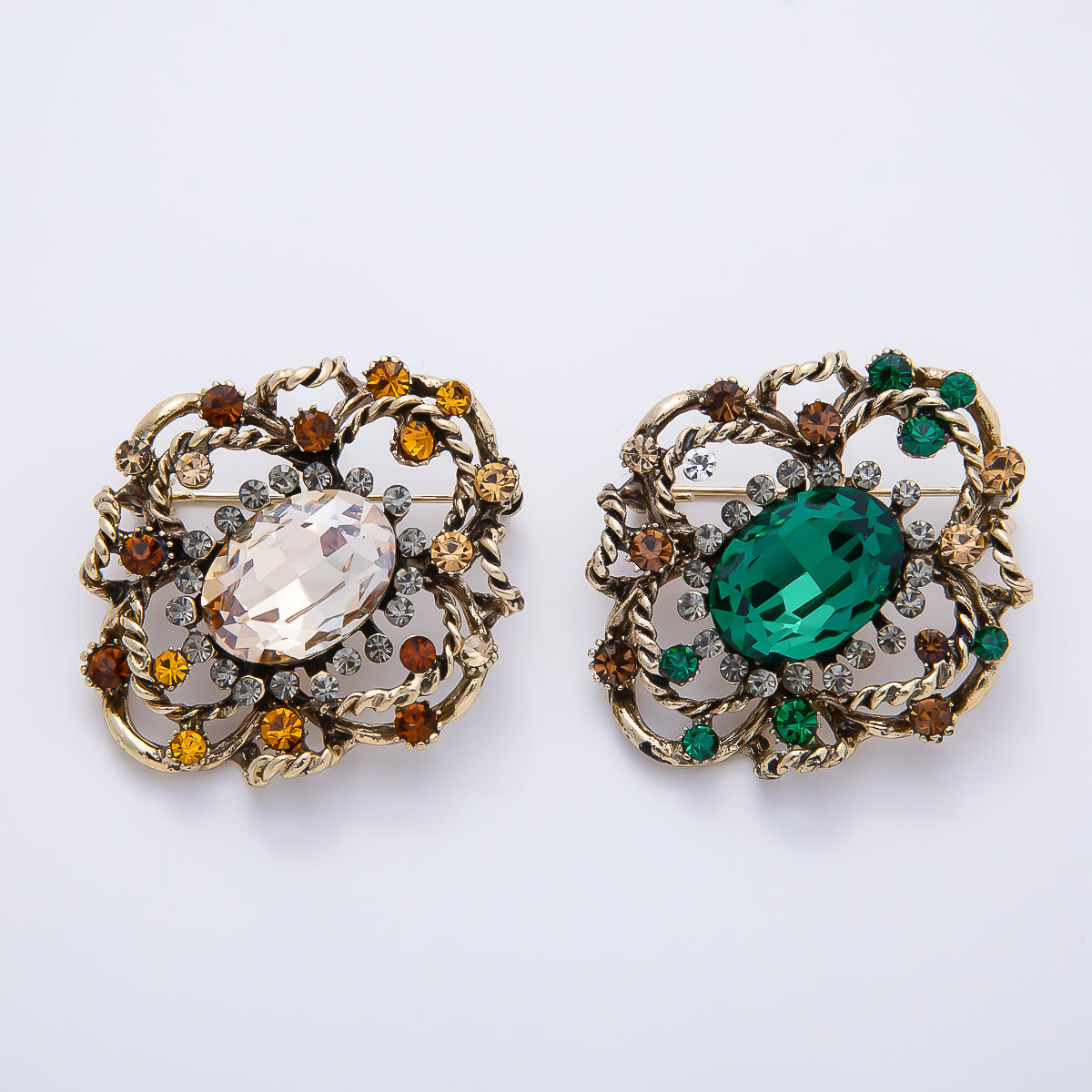 Vintage Gold 39mm Peach, Green Rhinestone Open Flower Rope Pin Brooch | BH-00165 BH-00166