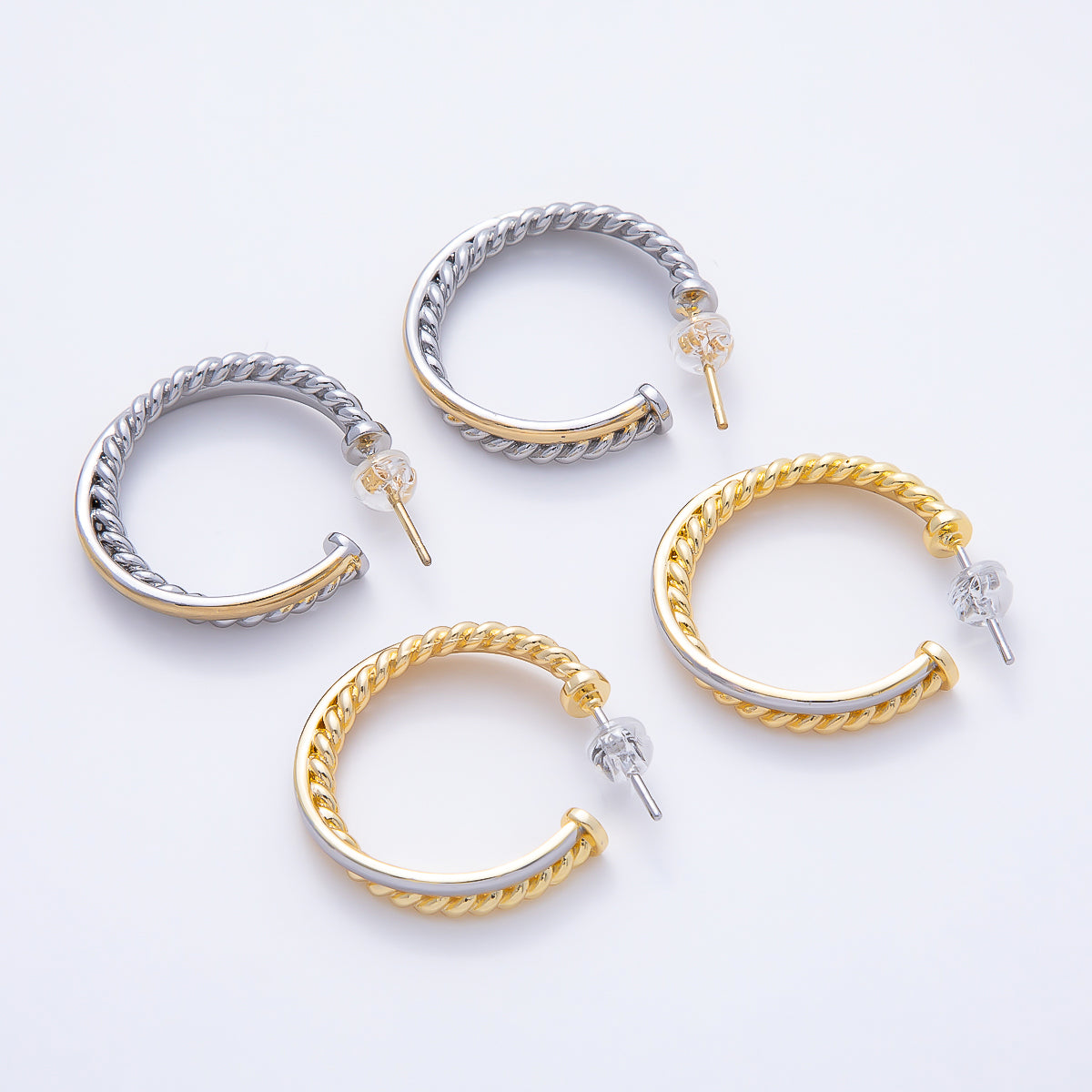 16K Gold Filled 25mm Mixed Metal Croissant Double C-Shaped Hoop in Silver & Gold | Earrings-00670