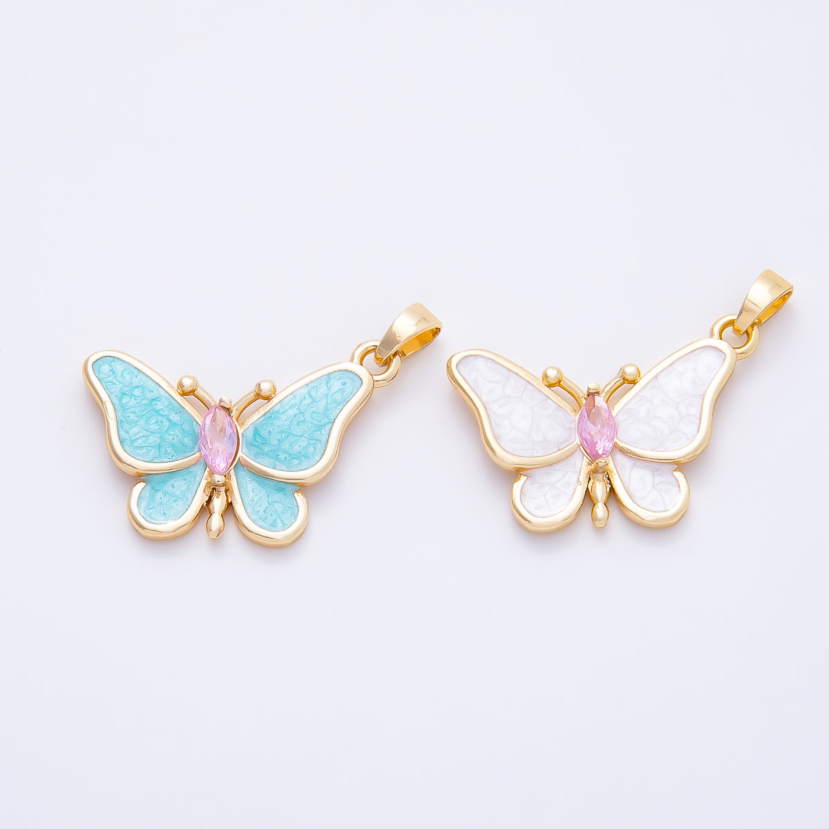 16K Gold Filled 17.5mm White, Blue Glitter Enamel Marquise CZ Butterfly Pendant | Charms-01259 Charms-01260