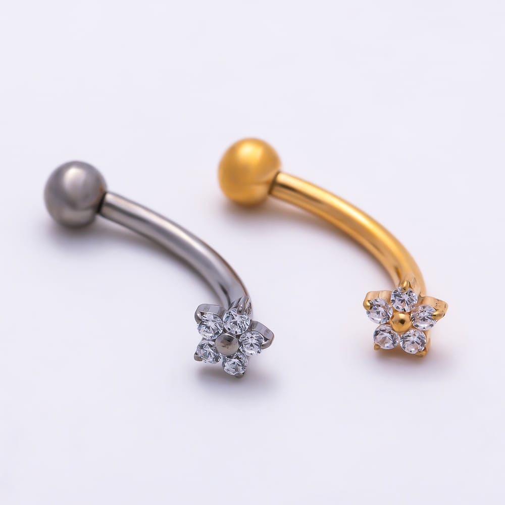 Titanium 4.5mm CZ Flower Curved Eyebrow Barbell Piercing Stud in Gold & Silver | BJ-00293 BJ-00294