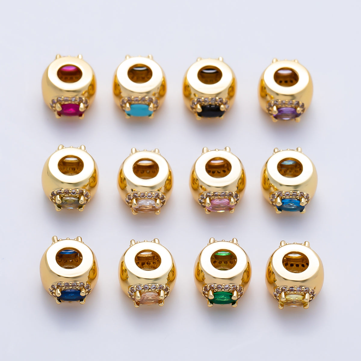 16K Gold Filled 10mm Birthstone Oval Micro Paved CZ Chubby Rondelle Bead | Beads-00375 ~ Beads-00386