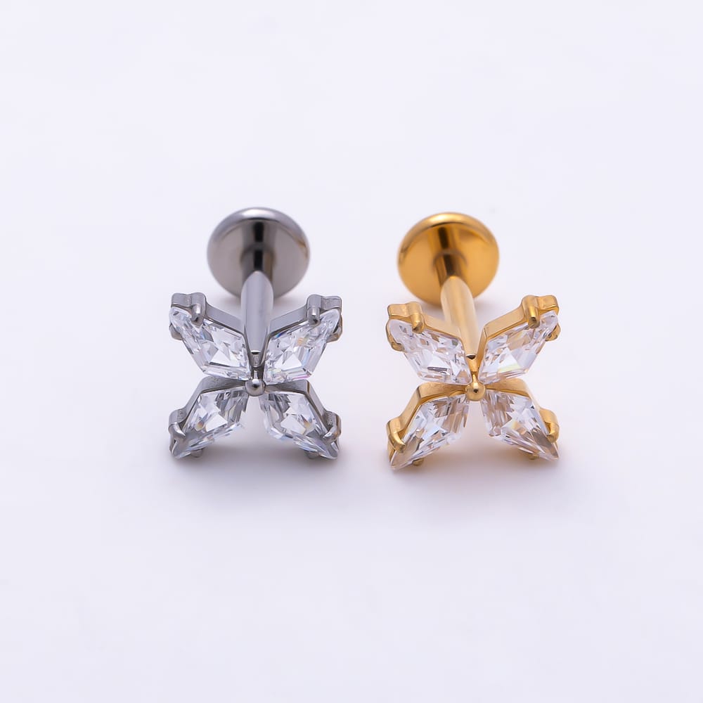 Titanium 9mm Clear Edged Marquise CZ Star Flower Cartilage Piercing Flat Back Stud in Gold & Silver | BJ-00279 BJ-00280