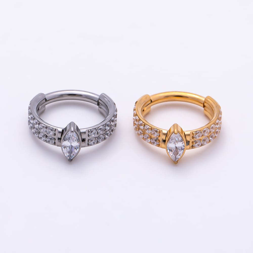 Titanium 10mm Marquise Micro Paved CZ Double Row Cartilage Piercing Clicker in Gold & Silver | BJ-00287 BJ-00288