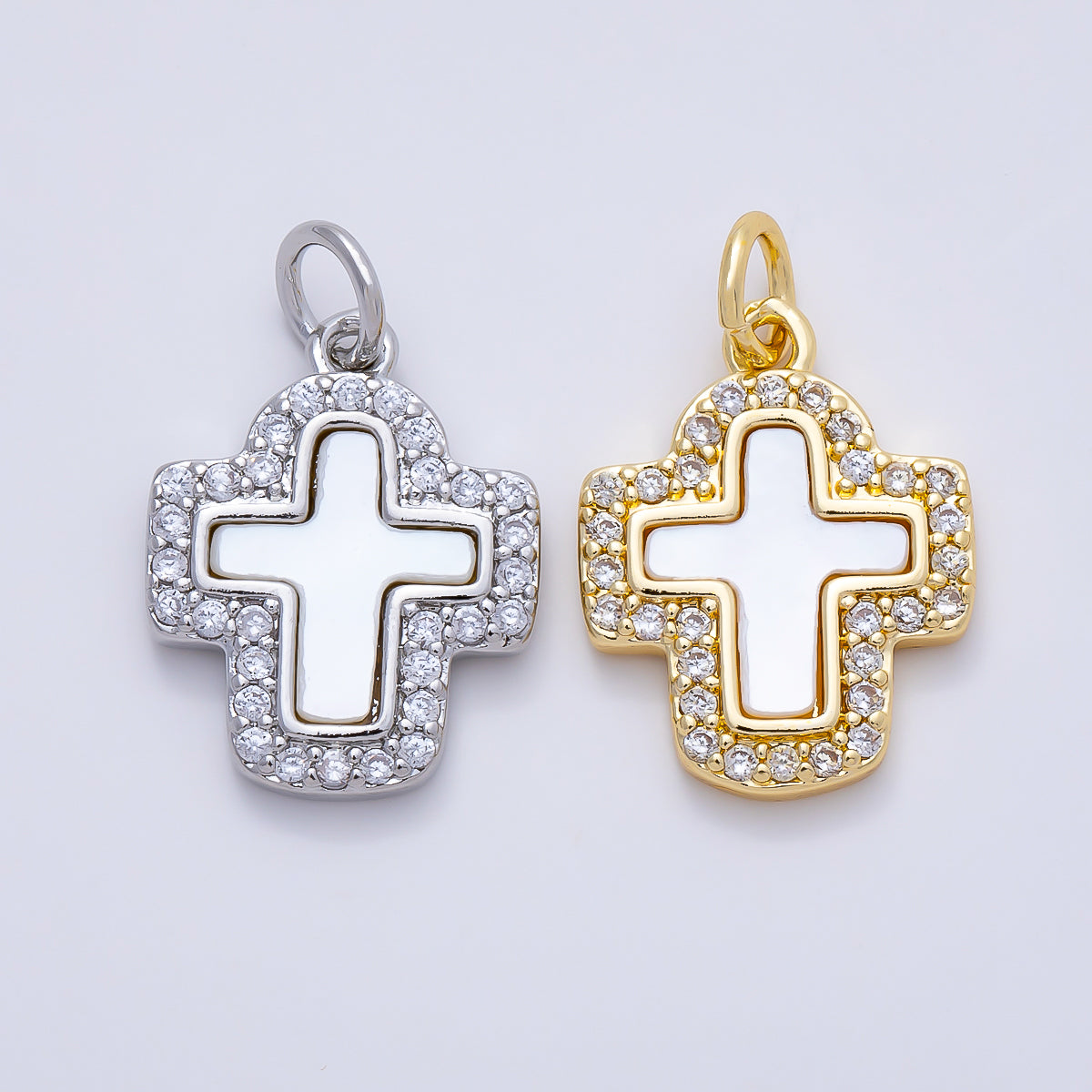 16K Gold Filled 16.5mm Shell Pearl Micro Paved CZ Cross Charm in Gold & Silver | Charms-01257