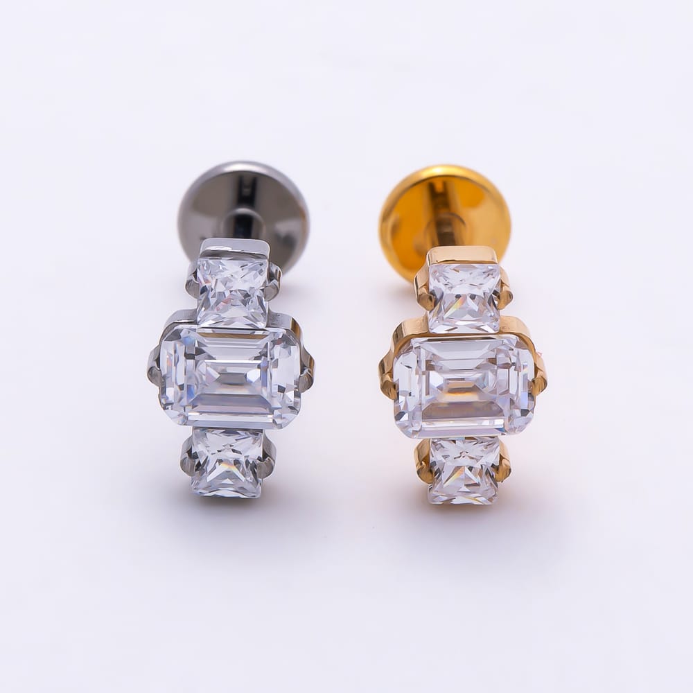 Titanium 7mm Clear CZ Triple Baguette Cartilage Piercing Flat Back Stud in Gold & Silver | BJ-00277 BJ-00278