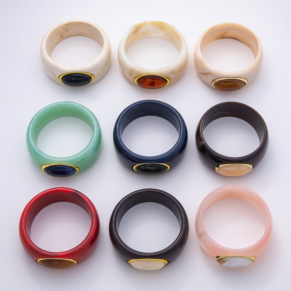 Colorful Chunky Resin With Big Marble Oval Cabochon Bangle Set Bracelet | WA-02213