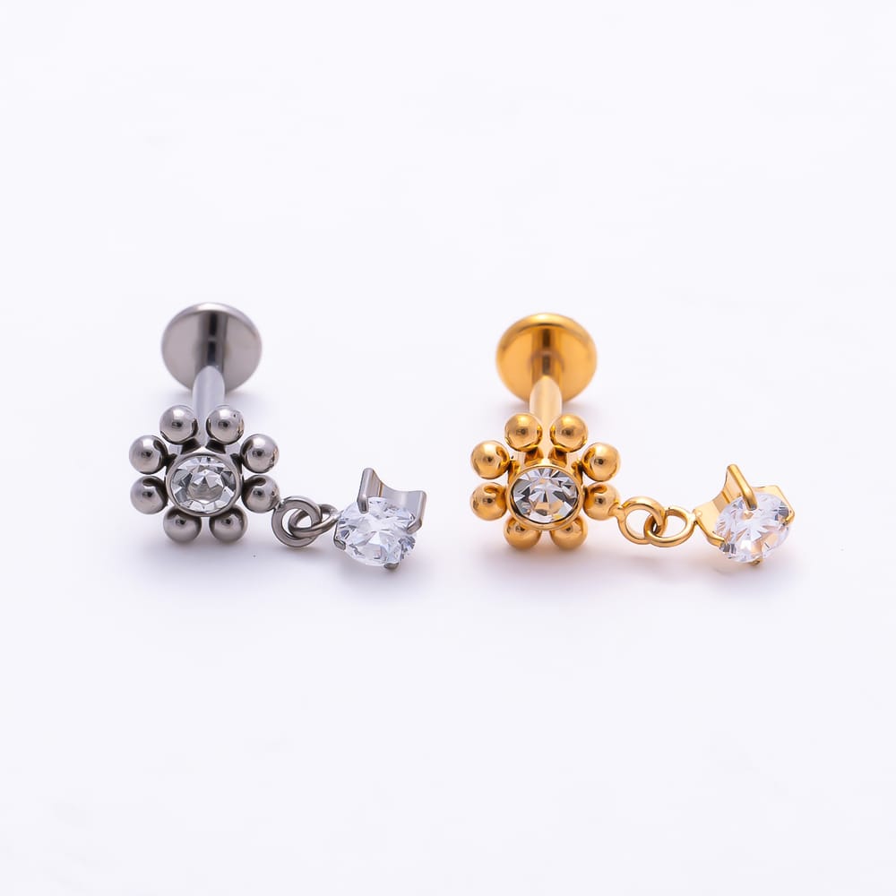 Titanium 12mm Clear CZ Round Bead Flower Drop Cartilage Piercing Flat Back Stud in Gold & Silver | BJ-00275 BJ-00276