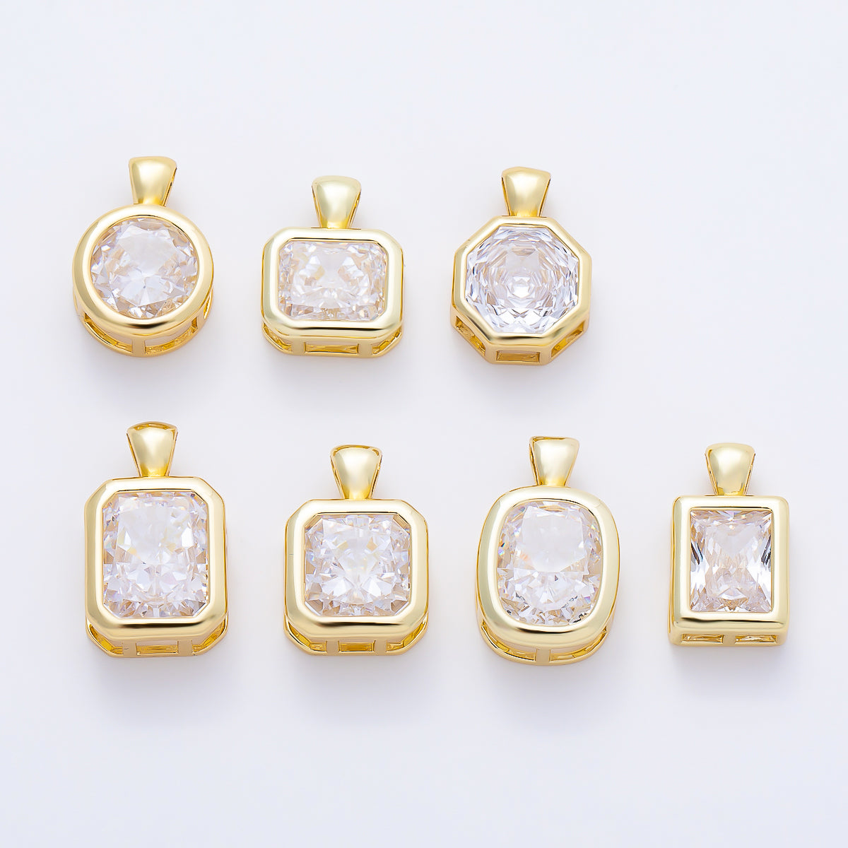 16K Gold Filled Clear CZ Baguette Round Hexagon Bezel Pendant in Gold & Silver | Charms-01081 ~ Charms-01096