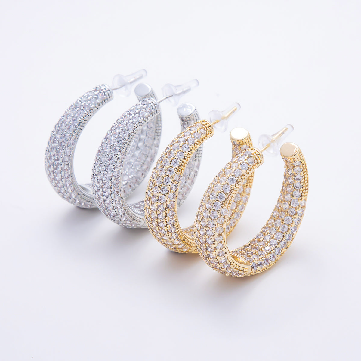 16K Gold Filled 33mm Micro Paved CZ Chunky Open Hoop Earrings in Gold & Silver | Earrings-00849 - Earrings-00850