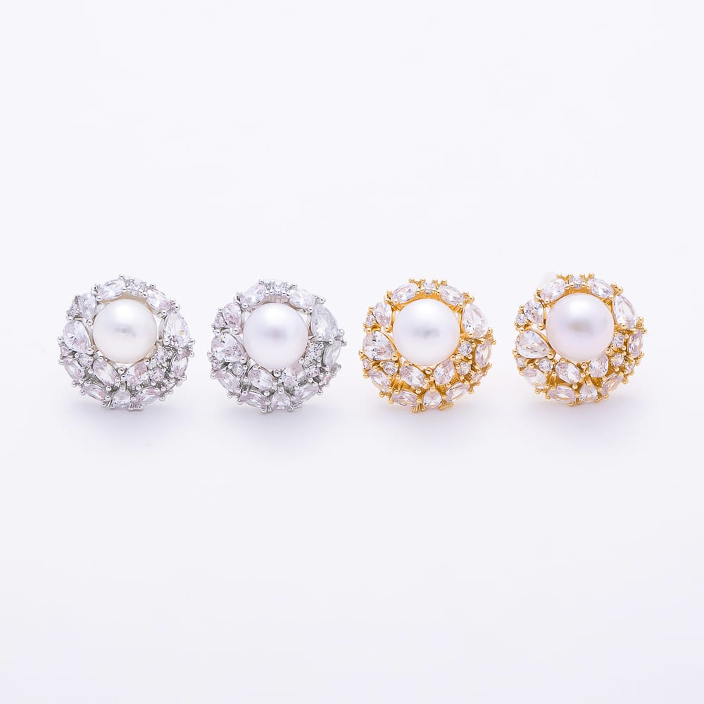 16K Gold Filled 19mm Round Shell Pearl CZ Floral Stud Earrings| Earrings-00979 - Earrings-00980