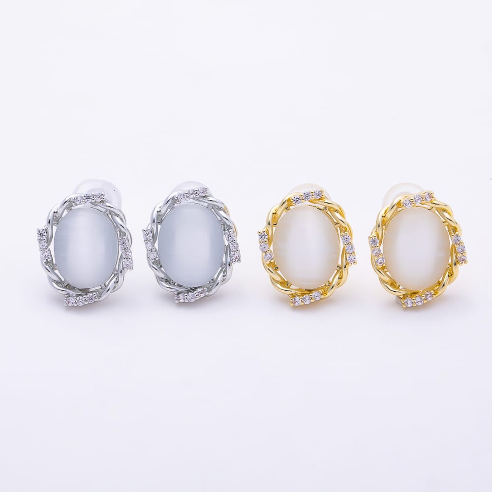 16K Gold Filled 14mm Oval White Cat Eye CZ Twisted Frame Stud Earrings | Earrings-00989 - Earrings-00990