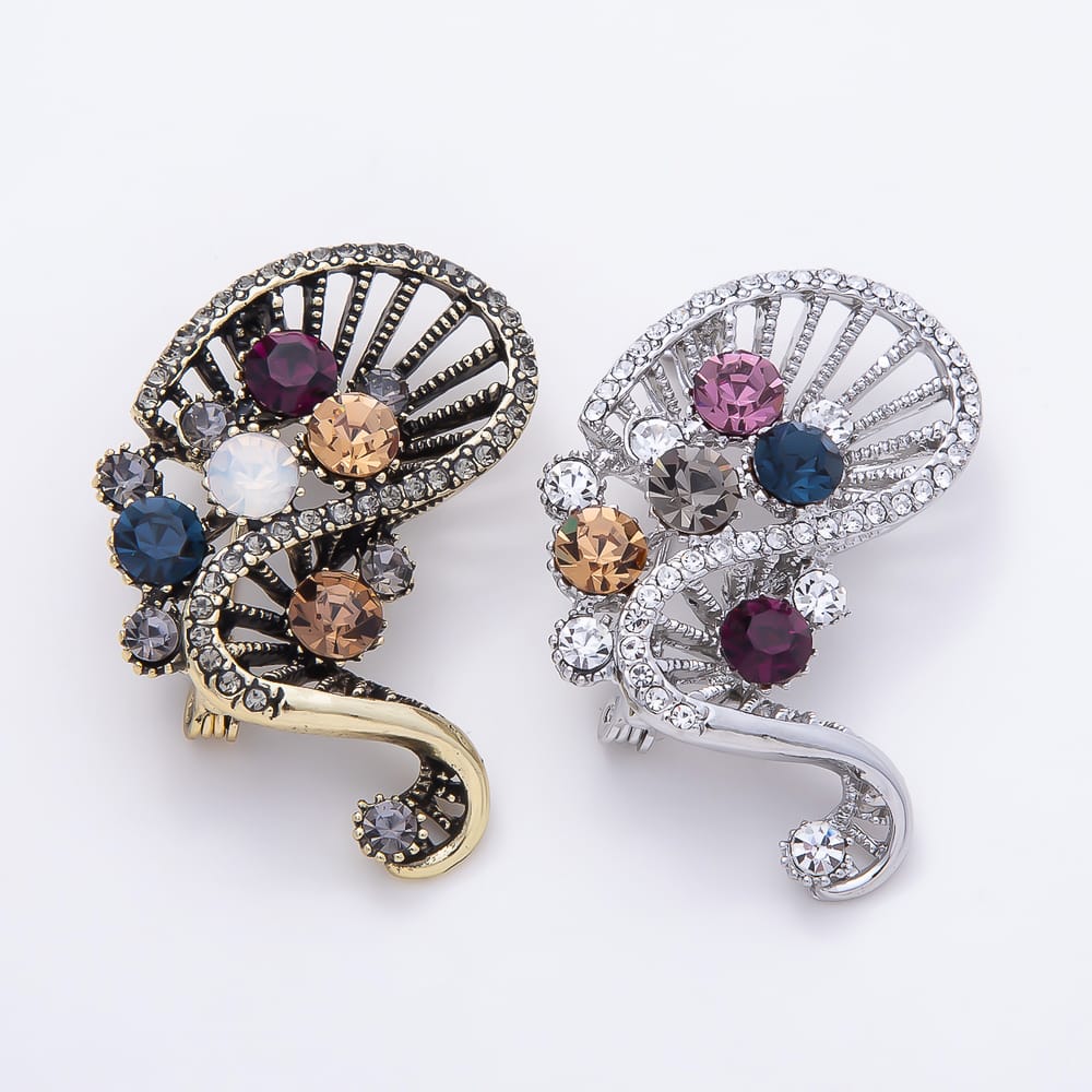 Gold, Silver Multicolor Rhinestone Cluster Curved Bar Open Geometric Pin Brooch | BH-00210