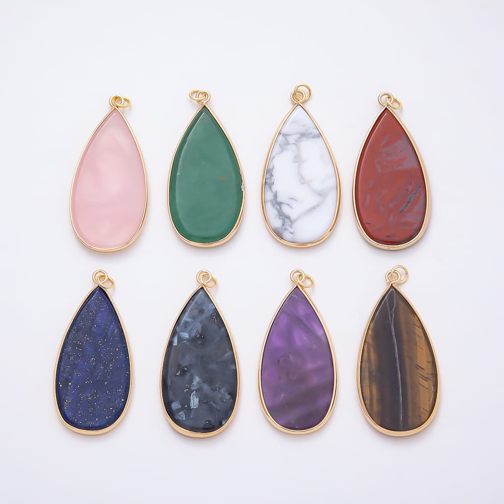 16K Gold Filled 45mm Natural Gemstone Bezel Teardrop Charm | Charms-02351 ~ Charms-02358