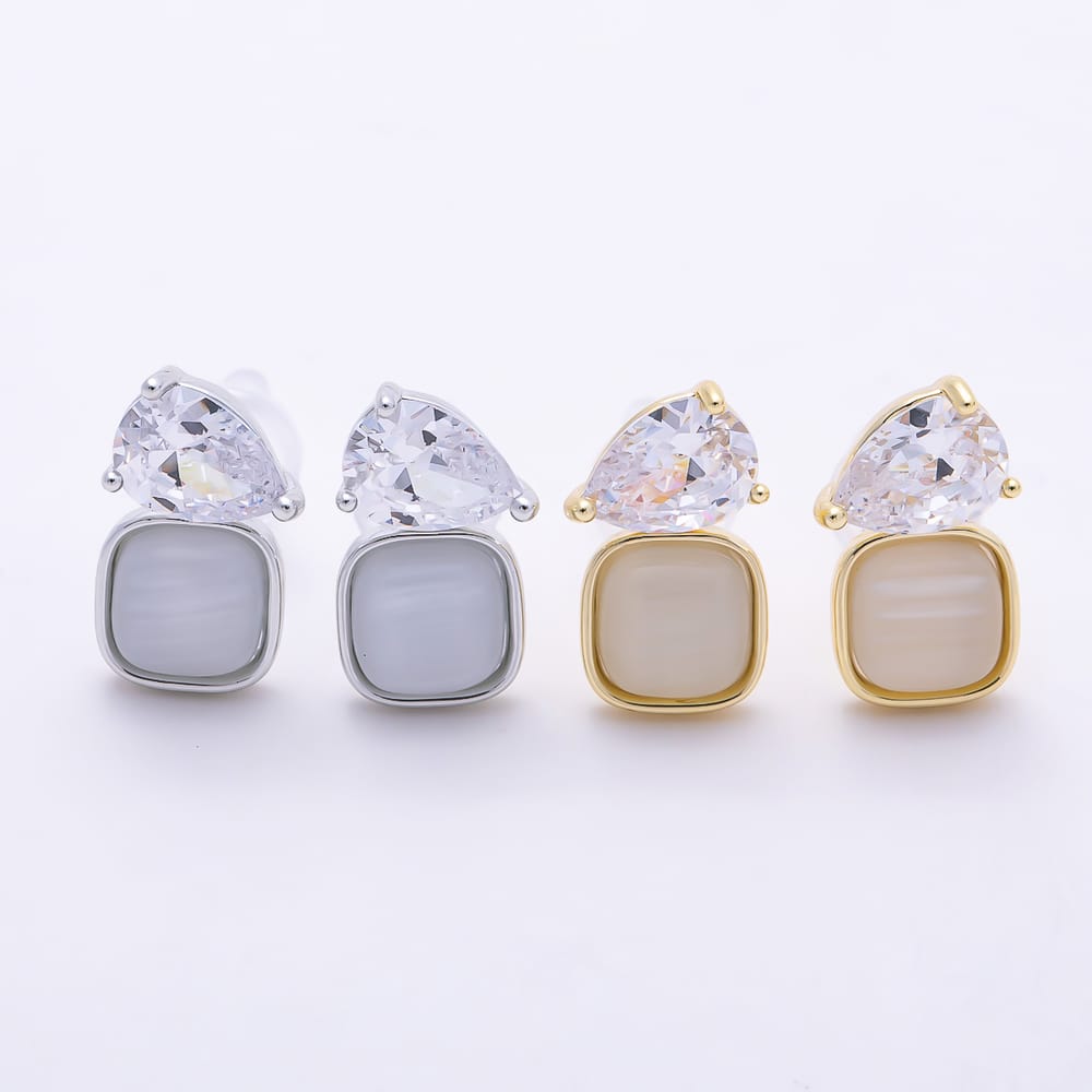 16K Gold Filled 14mm Teardrop Clear CZ & White Opal Square Stud Earrings | Earrings-00983 - Earrings-00984