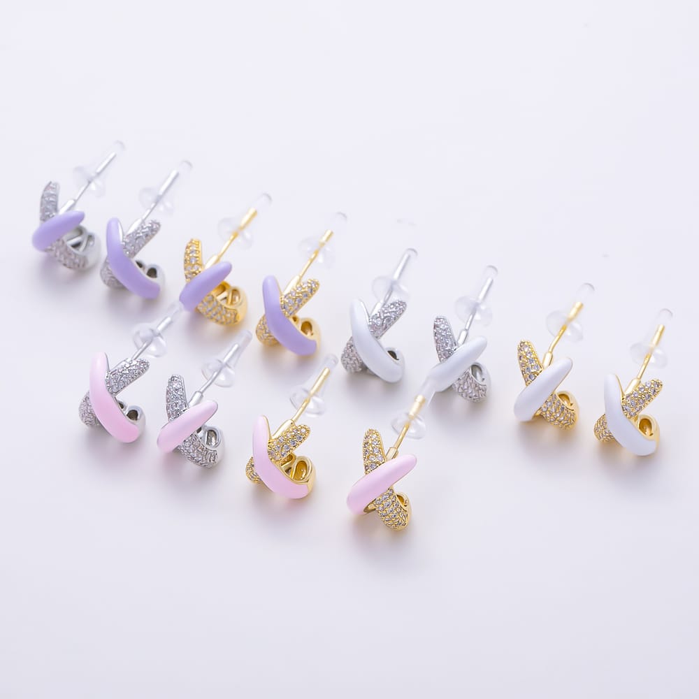 16K Gold Filled 19mm Micro Paved CZ Colorful Criss-Cross Pastel Enamel Stud Earrings | Earrings-00999 - Earrings-01004