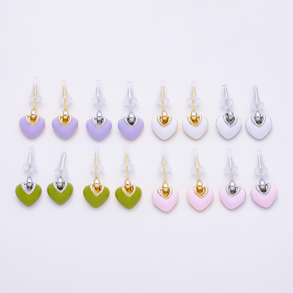 16K Gold Filled 16mm Colorful Pastel Enamel Puffed Heart Drop Stud Earrings | Earrings-00991 - Earrings-00998