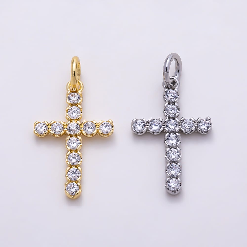16K Gold Filled 17mm Clear CZ Round Bezel Religious Cross Charm in Gold & Silver | Charms-02276 Charms-02277