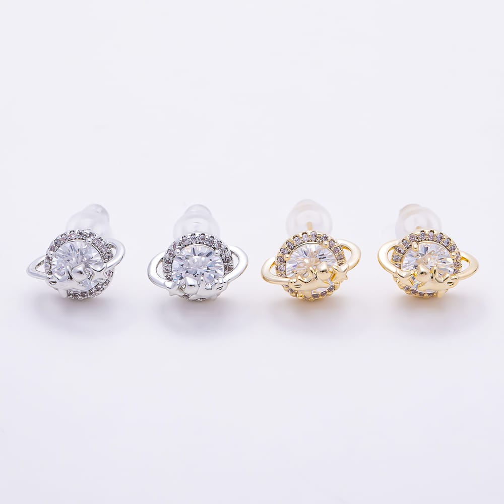 16K Gold Filled 18mm Micro Paved CZ Celestial Saturn Planet Round Stud Earrings in Gold & Silver | Earrings-01009 Earrings-01010