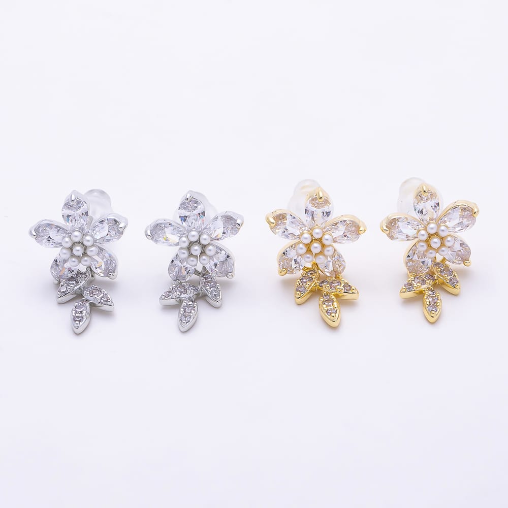 16K Gold Filled 20mm Micro Paved CZ Shell Pearl Leaf Flower Drop Stud Earrings in Gold & Silver | Earrings-01011 Earrings-01012