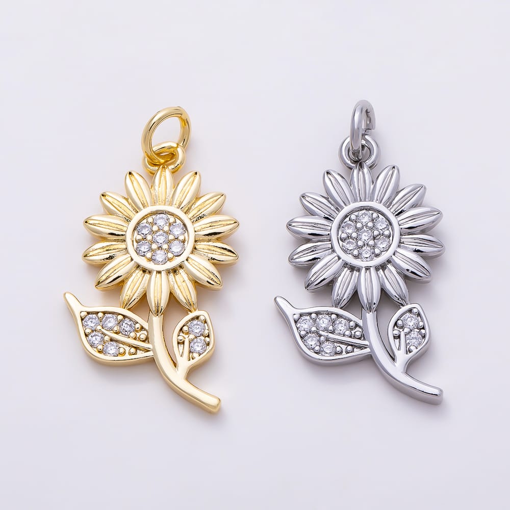16K Gold Filled 23mm Micro Paved CZ Sunflower Charm in Gold & Silver | Charms-02280 Charms-02281