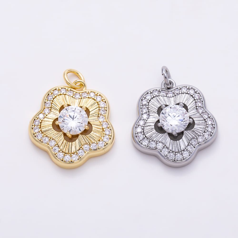 16K Gold Filled 17mm Clear Micro Paved CZ Ribbed Sunburst Flower Charm in Gold & Silver | Charms-02292 Charms-02293