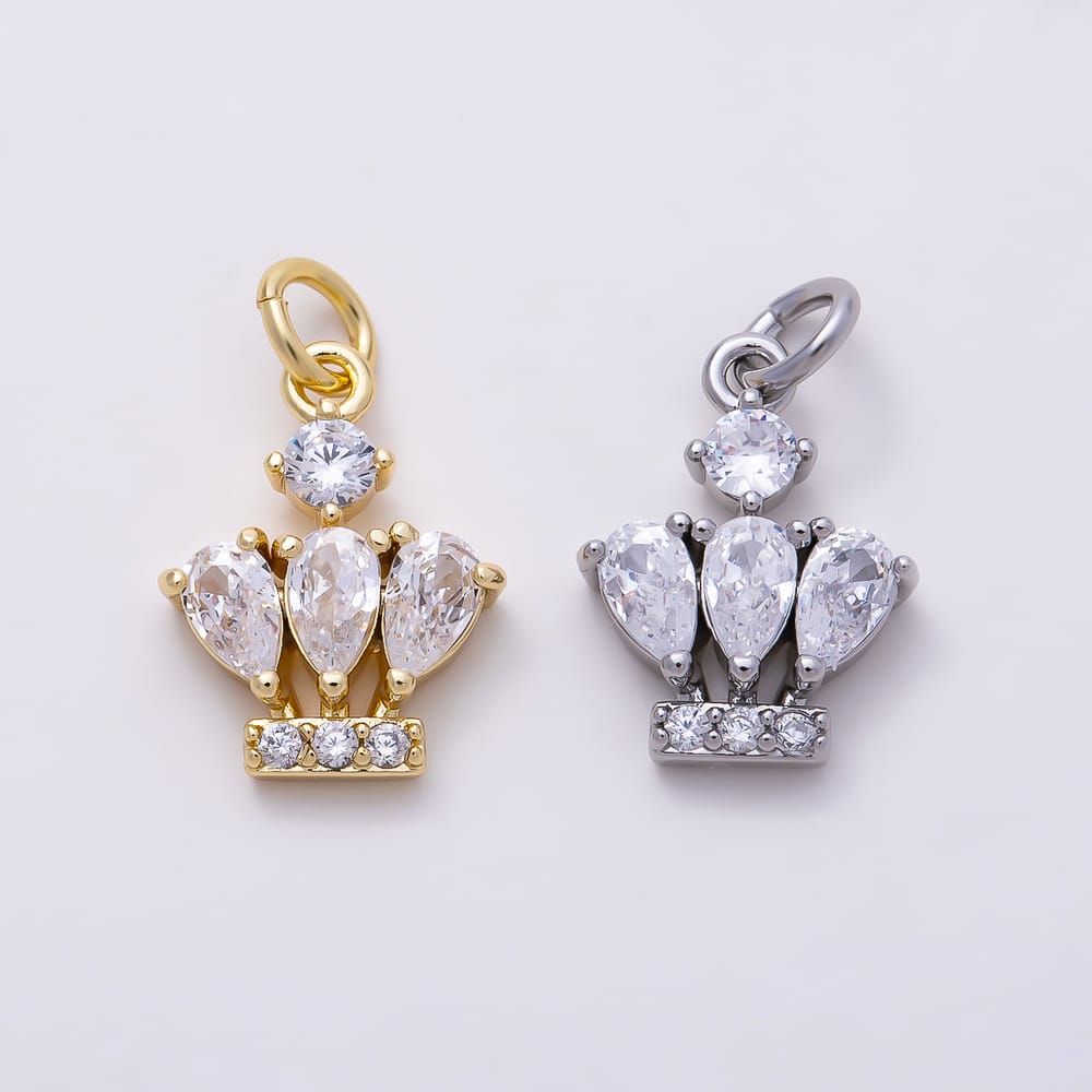 16K Gold Filled 14mm Clear Triple Teardrop Micro Paved CZ Crown Charm in Gold & Silver | Charms-02282 Charms-02283