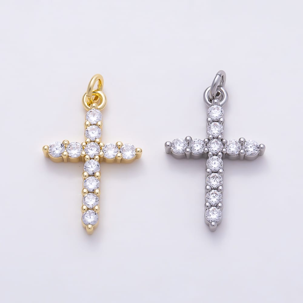 16K Gold Filled 23mm Clear Round CZ Religious Cross Charm in Gold & Silver | Charms-02278 Charms-02279