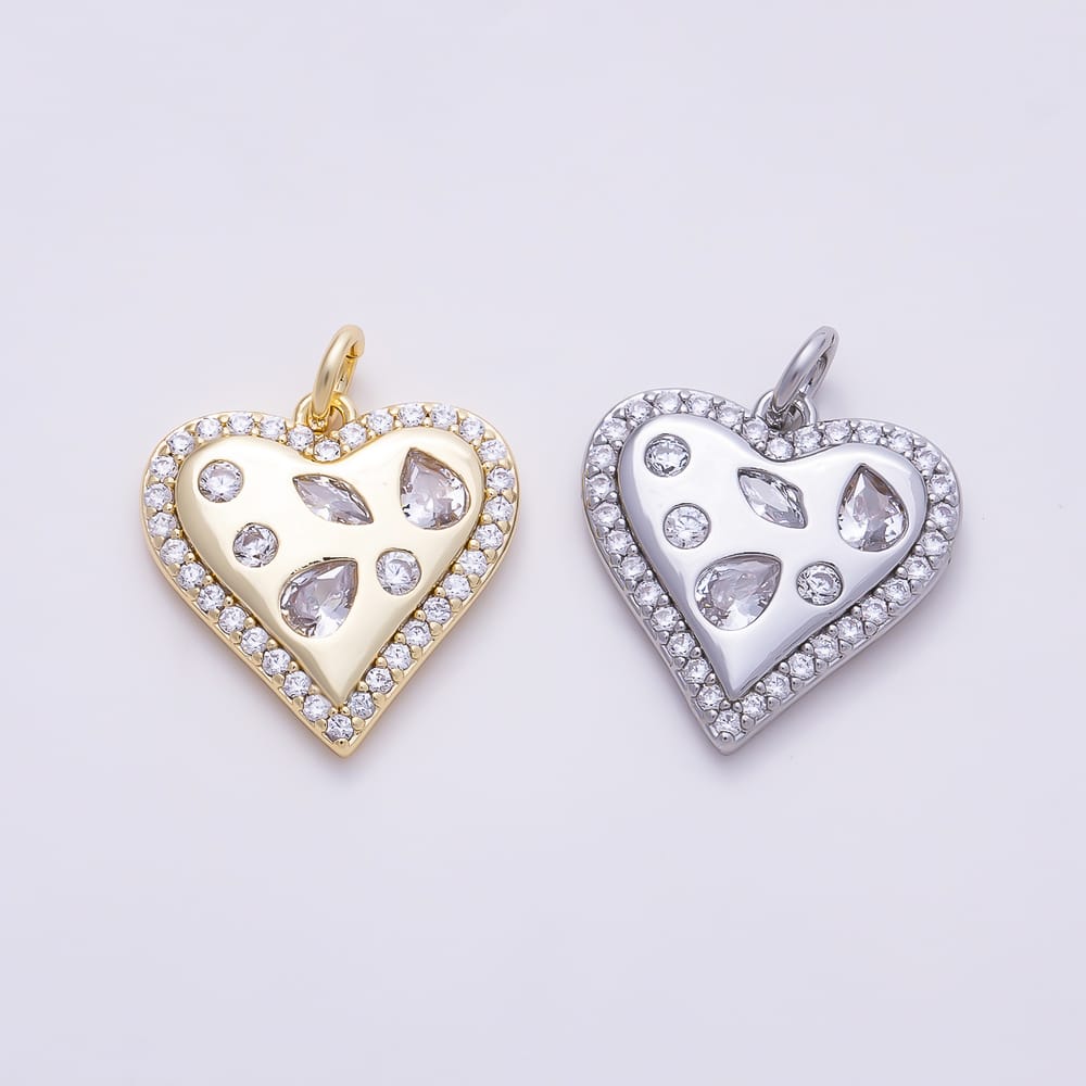 16K Gold Filled 16mm Multi Cut Dotted Micro Paved CZ Heart Charm in Gold & Silver | Charms-02286 Charms-02287