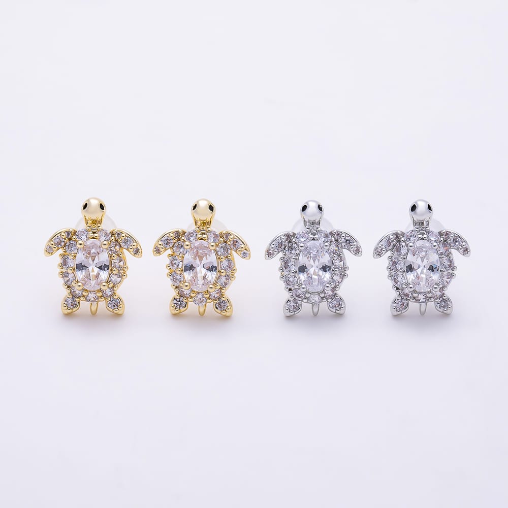 16K Gold Filled 14mm Oval Micro Paved CZ Turtle Stud Earrings in Gold & Silver | Earrings-01005 Earrings-01006