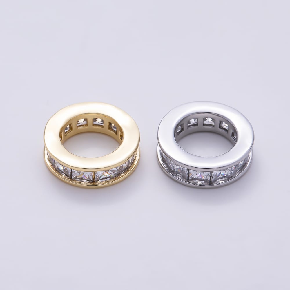 16K Gold Filled Clear CZ Baguette Lined Large Hole Rondelle Bead in Gold & Silver | Beads-00634 Beads-00635